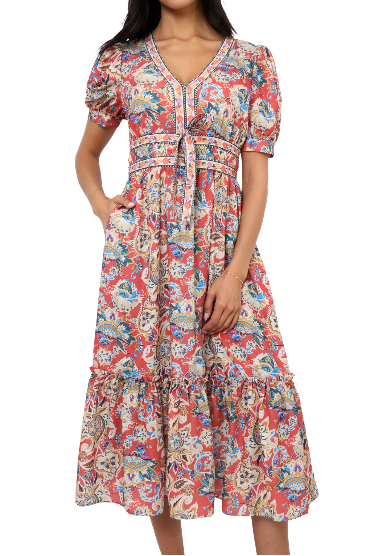 Puff Short Sleeve Ruffle Hem Midi Dress
