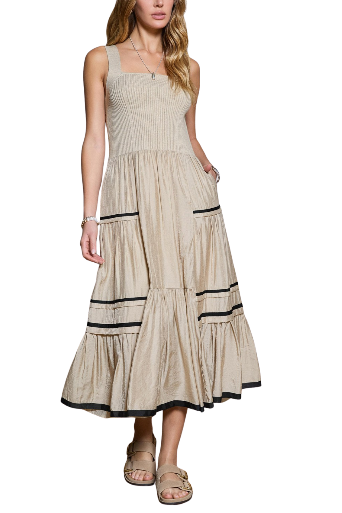 Contrast Detail Tiered Midi Dress