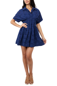 Eyelet Pleated Button Down Mini Dress