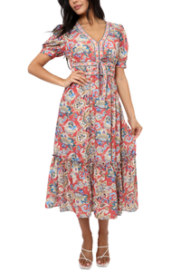 Puff Short Sleeve Ruffle Hem Midi Dress