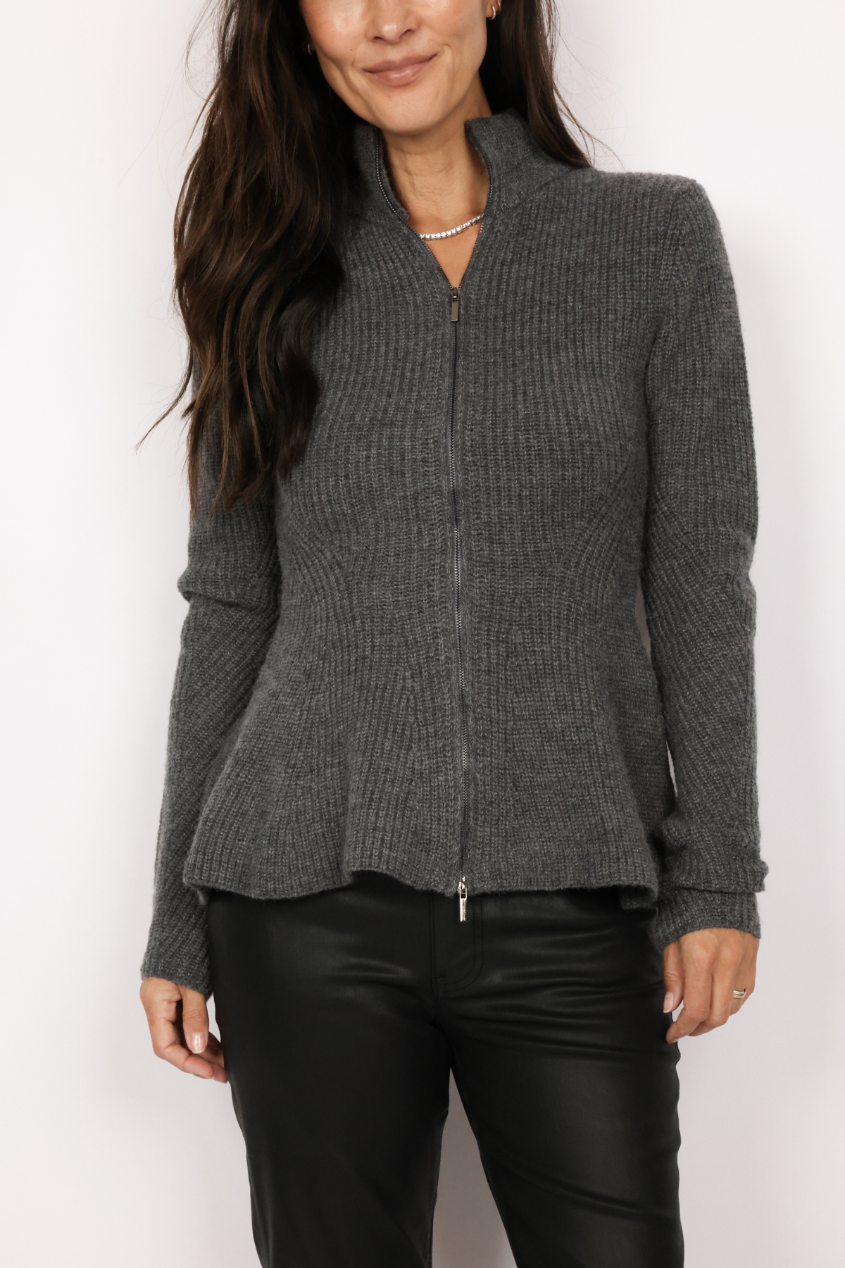 Mock Neck Peplum Zip Cardigan