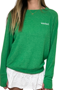 Embroidered Wasted Lightweight Brushed Fleece Pullover Sweater