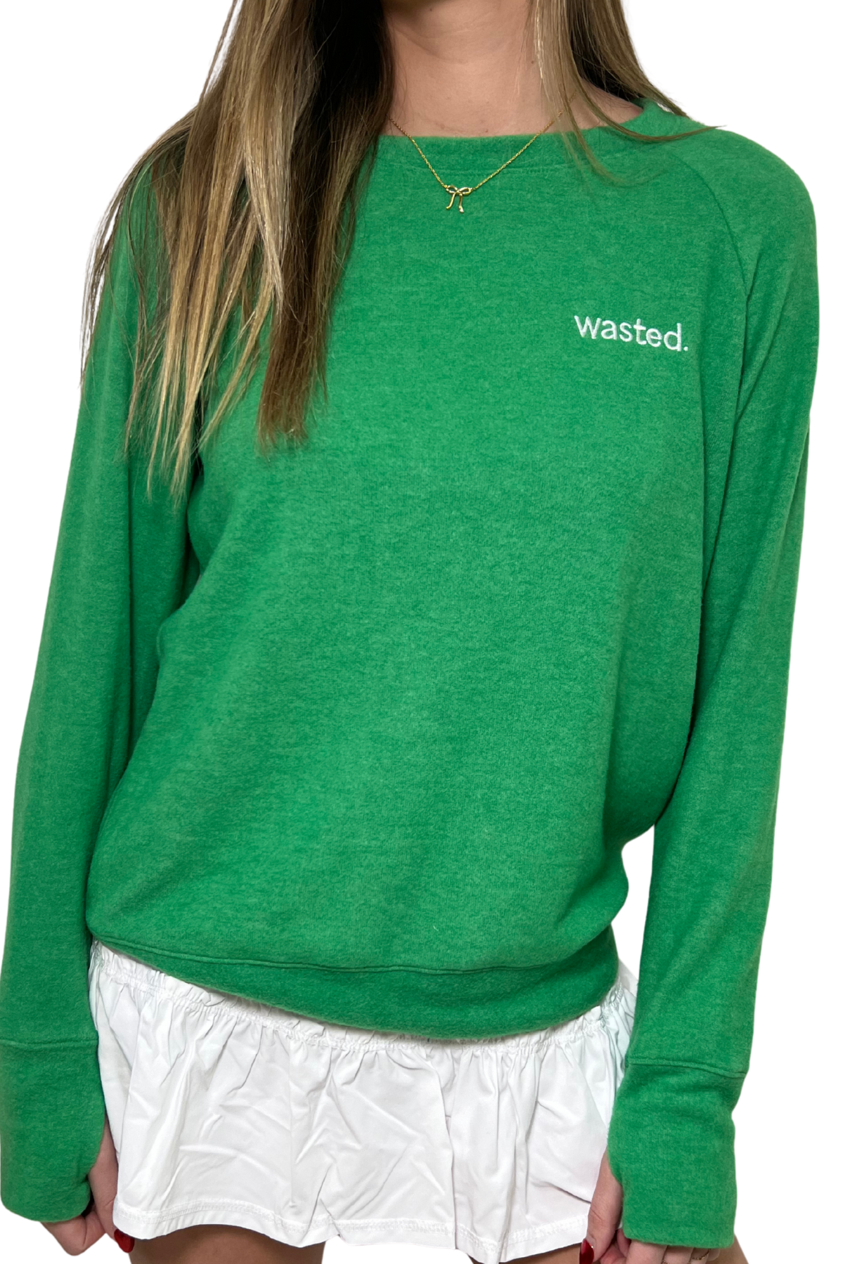 Embroidered Wasted Lightweight Brushed Fleece Pullover Sweater