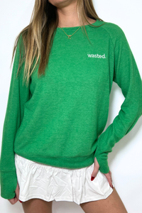 Embroidered Wasted Lightweight Brushed Fleece Pullover Sweater