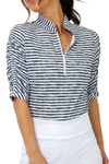IBKUL Landon Stripe II Print Ruched Elbow Sleeve Top