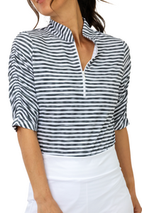 IBKUL Landon Stripe II Print Ruched Elbow Sleeve Top