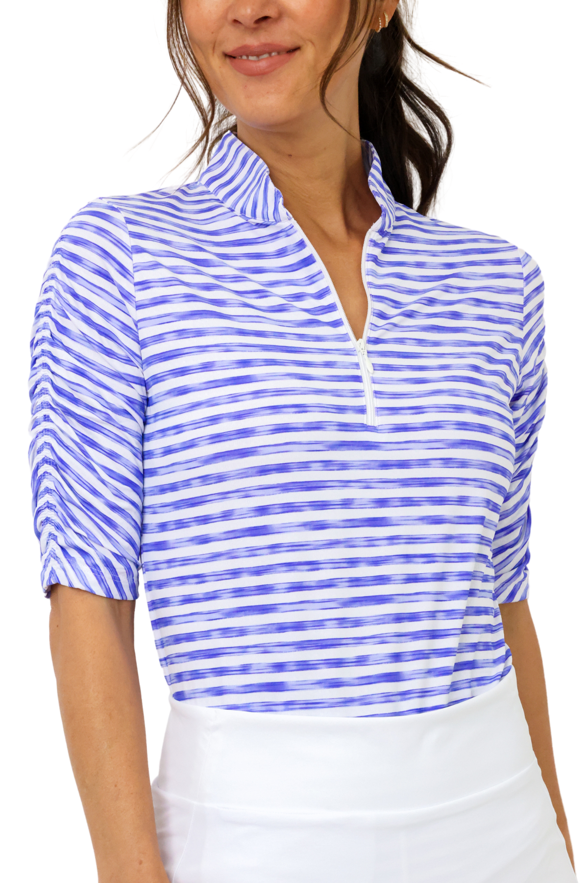 IBKUL Landon Stripe II Print Ruched Elbow Sleeve Top