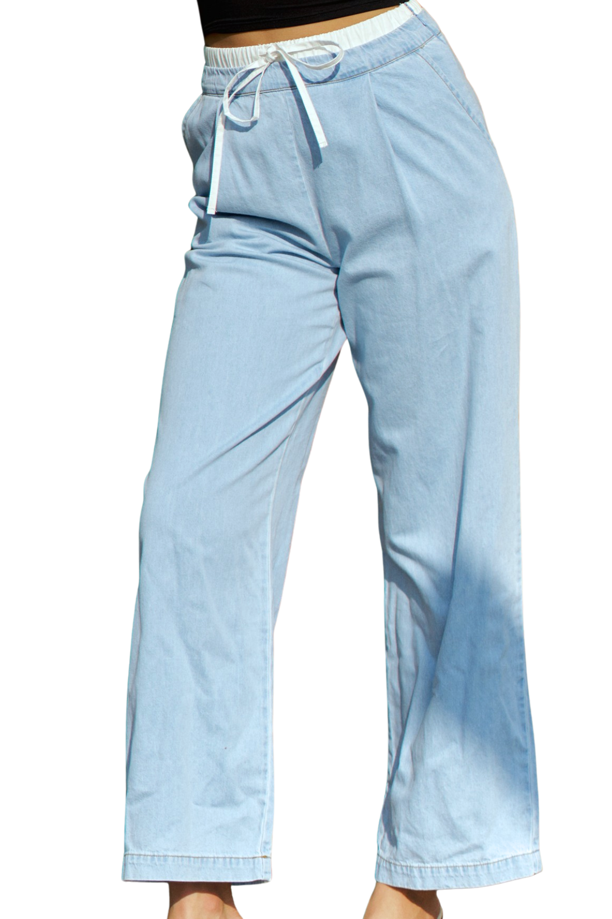 Contrast Waistband Wide Leg Jeans