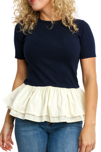 Round Neck Half Sleeve Knit & Woven Top