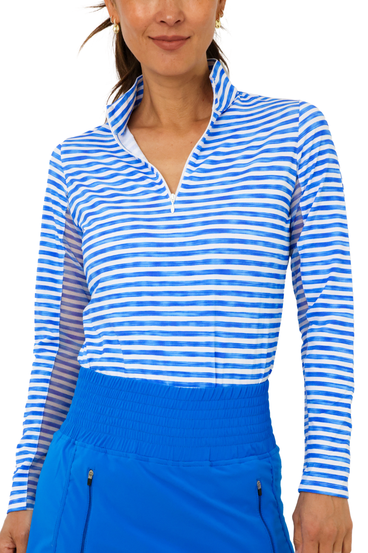 IBKUL Landon Stripe Long Sleeve Zip Mock Top