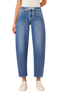 Vervet High Rise Elastic Waistband Wide Barrel Jeans