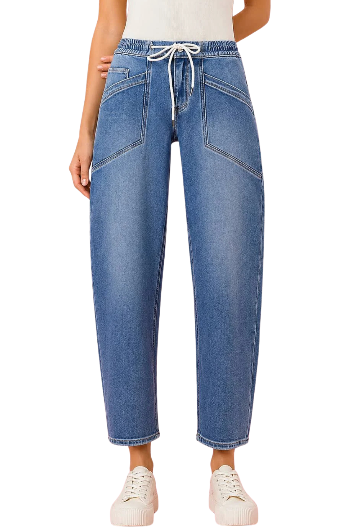 Vervet High Rise Elastic Waistband Wide Barrel Jeans