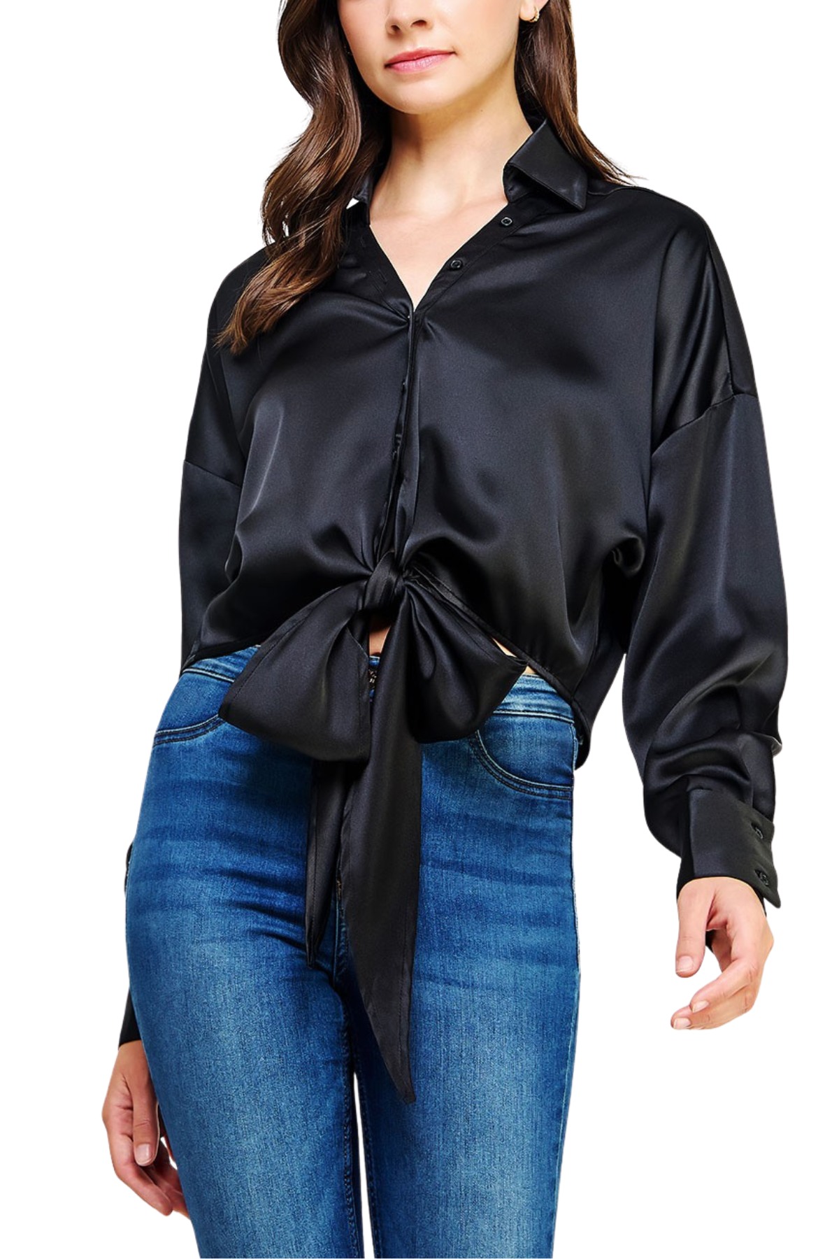 Button Down Waist Tie Satin Shirt Top