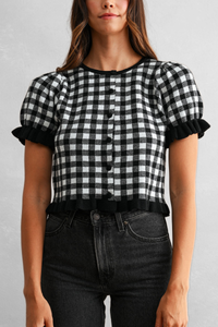 Gingham Plaid Puff Sleeve Knit Top