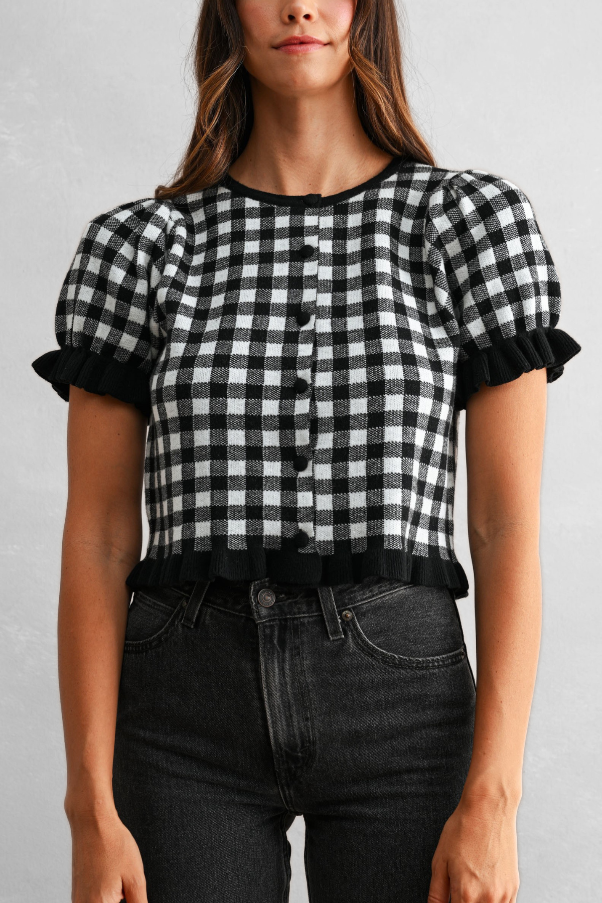 Gingham Plaid Puff Sleeve Knit Top