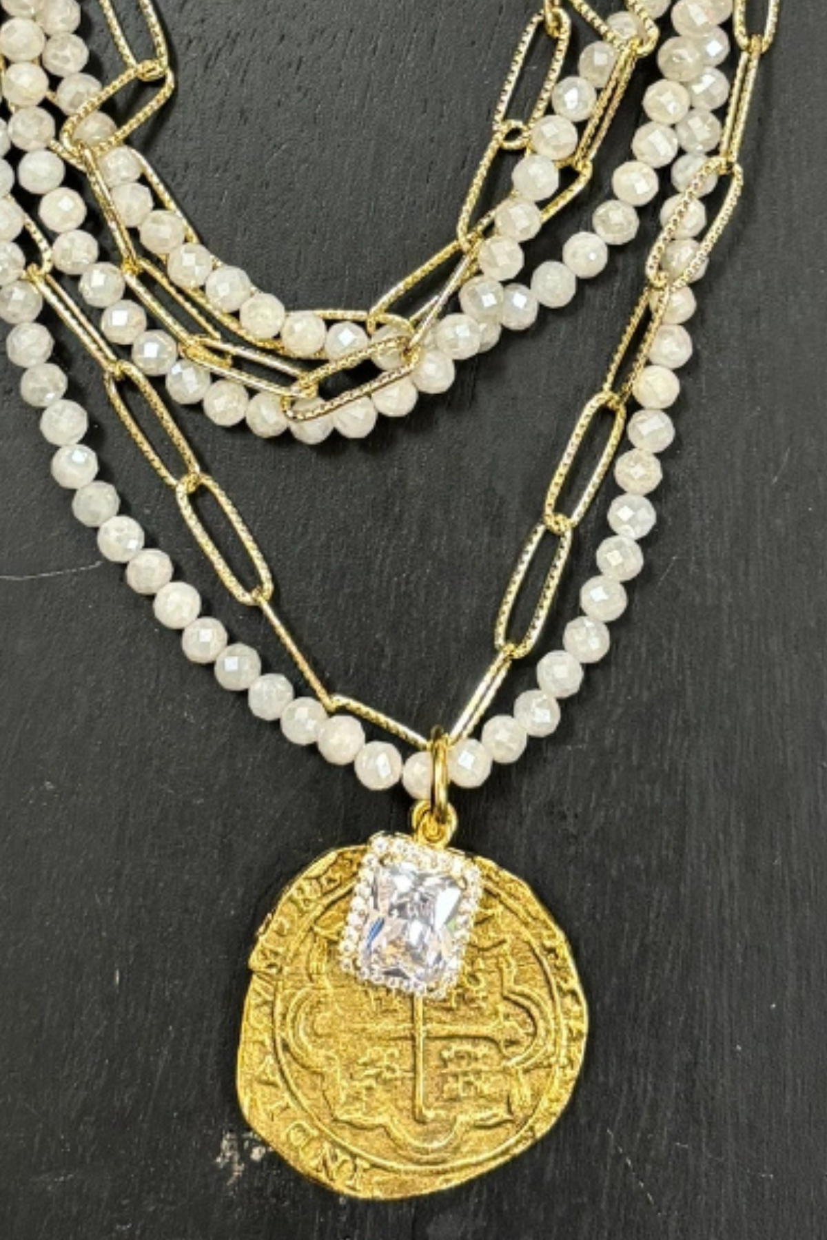 Double Strand Crystal And Pendant Necklace
