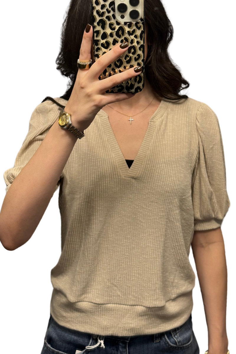 Michael Stars Quinn Puff Sleeve Ribbed Top