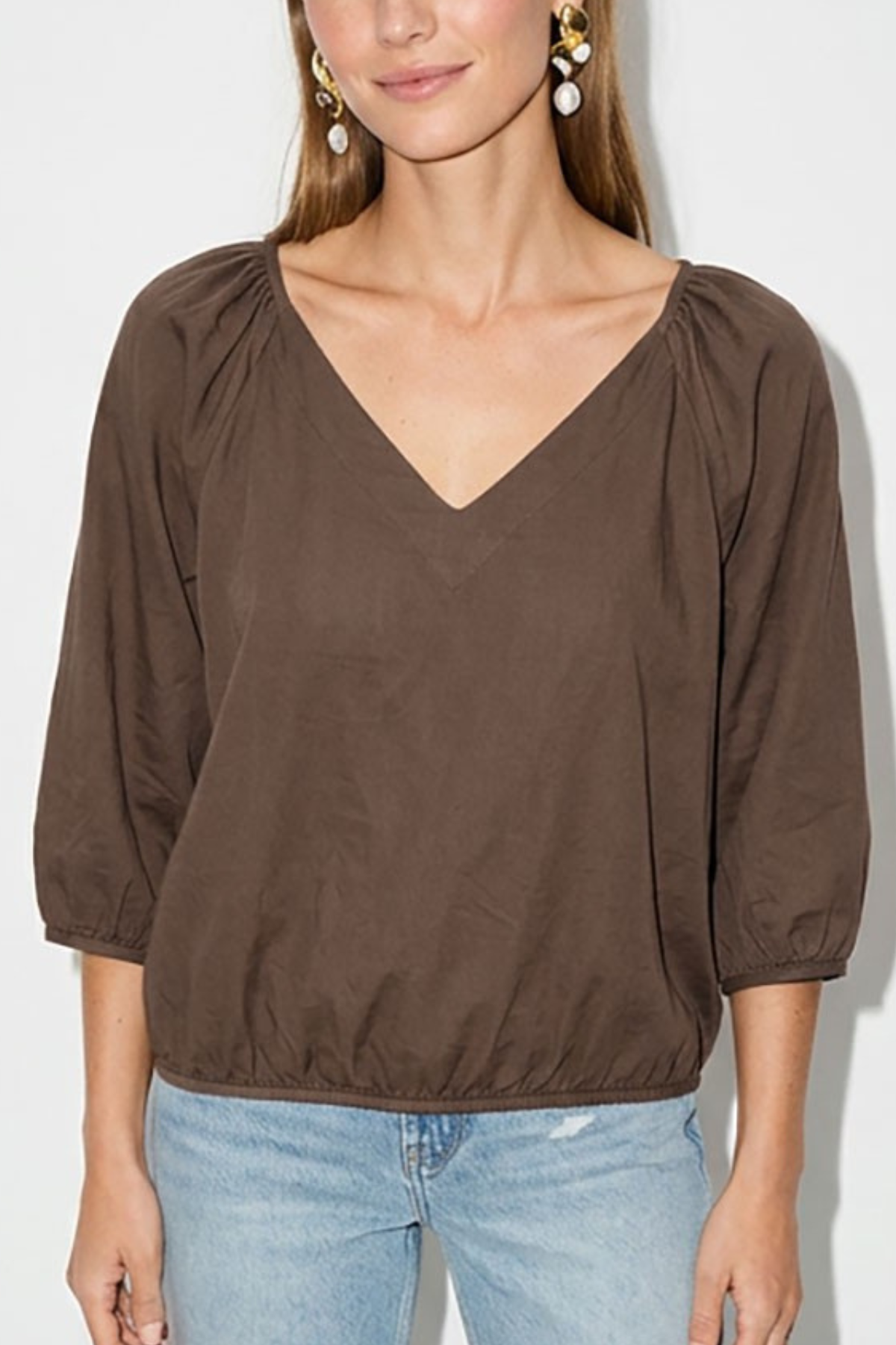 Elastic Puff Sleeve V-Neck Blouse