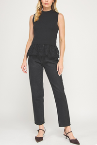 Lace Contrast Mock Neck Top