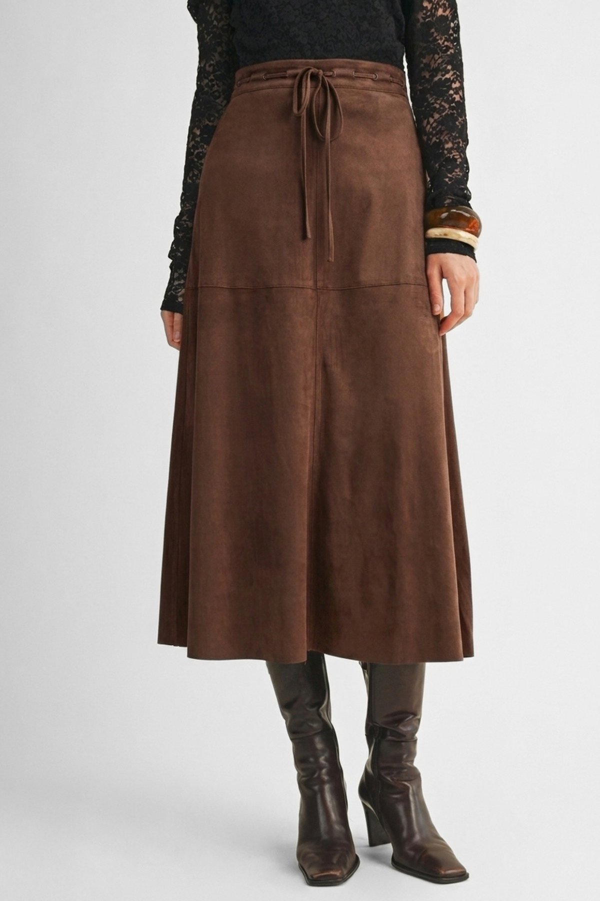 Drawstring Suede A-Line Skirt