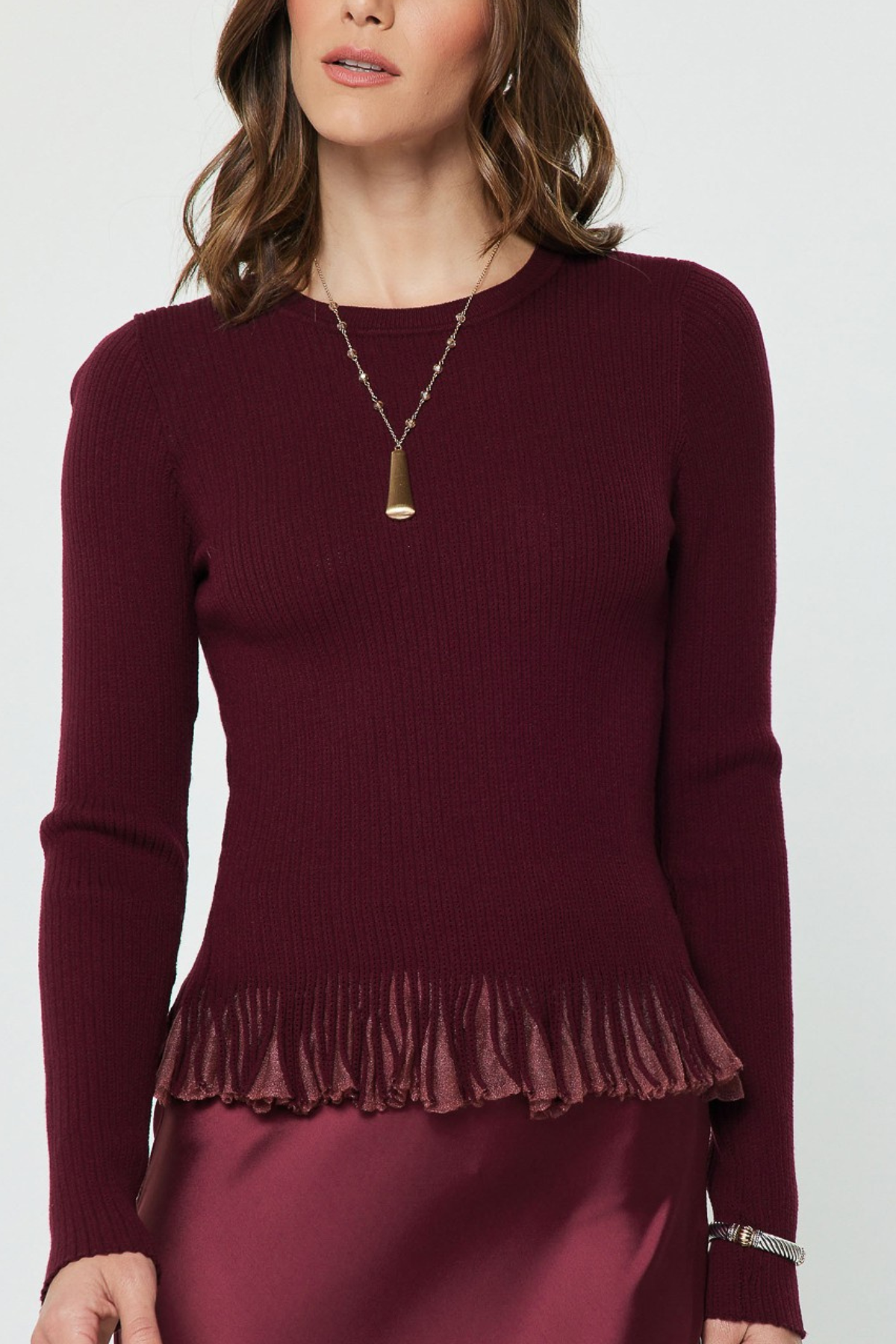 Ribbed Knit Ruffle Hem Sweater Top