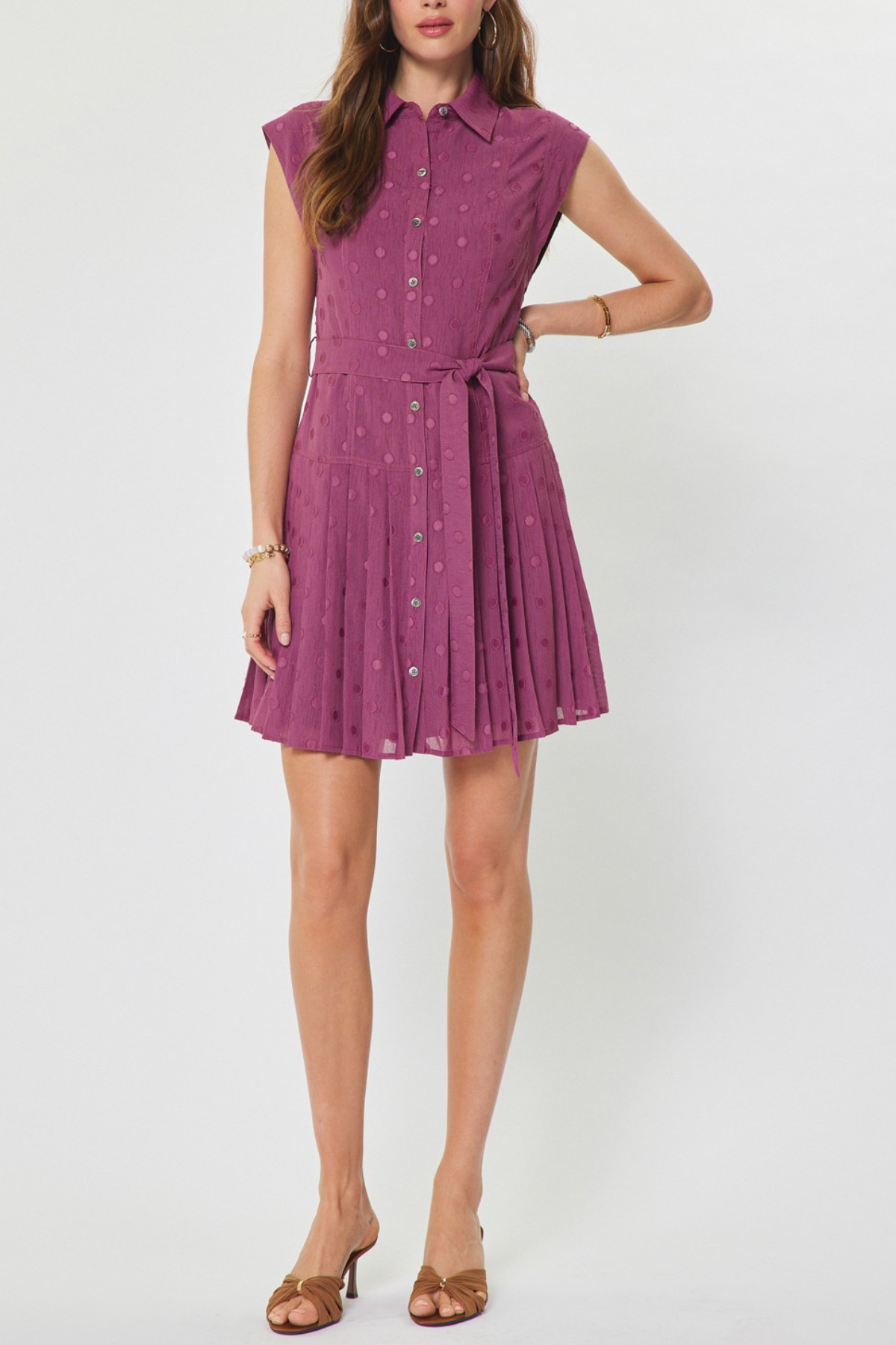 Dot Pleated Button Down Mini Dress