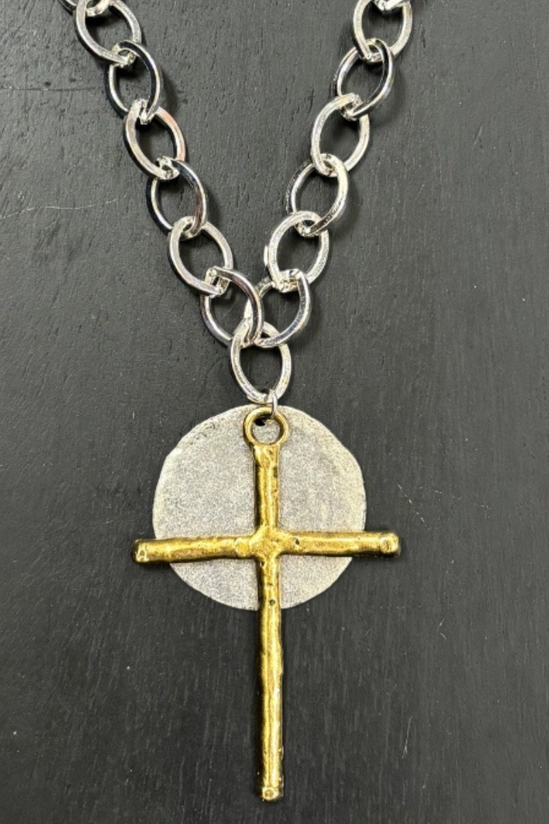 Mixed Metal Cross And Disc Necklace