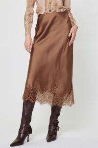 Lace Hem Satin Midi Skirt