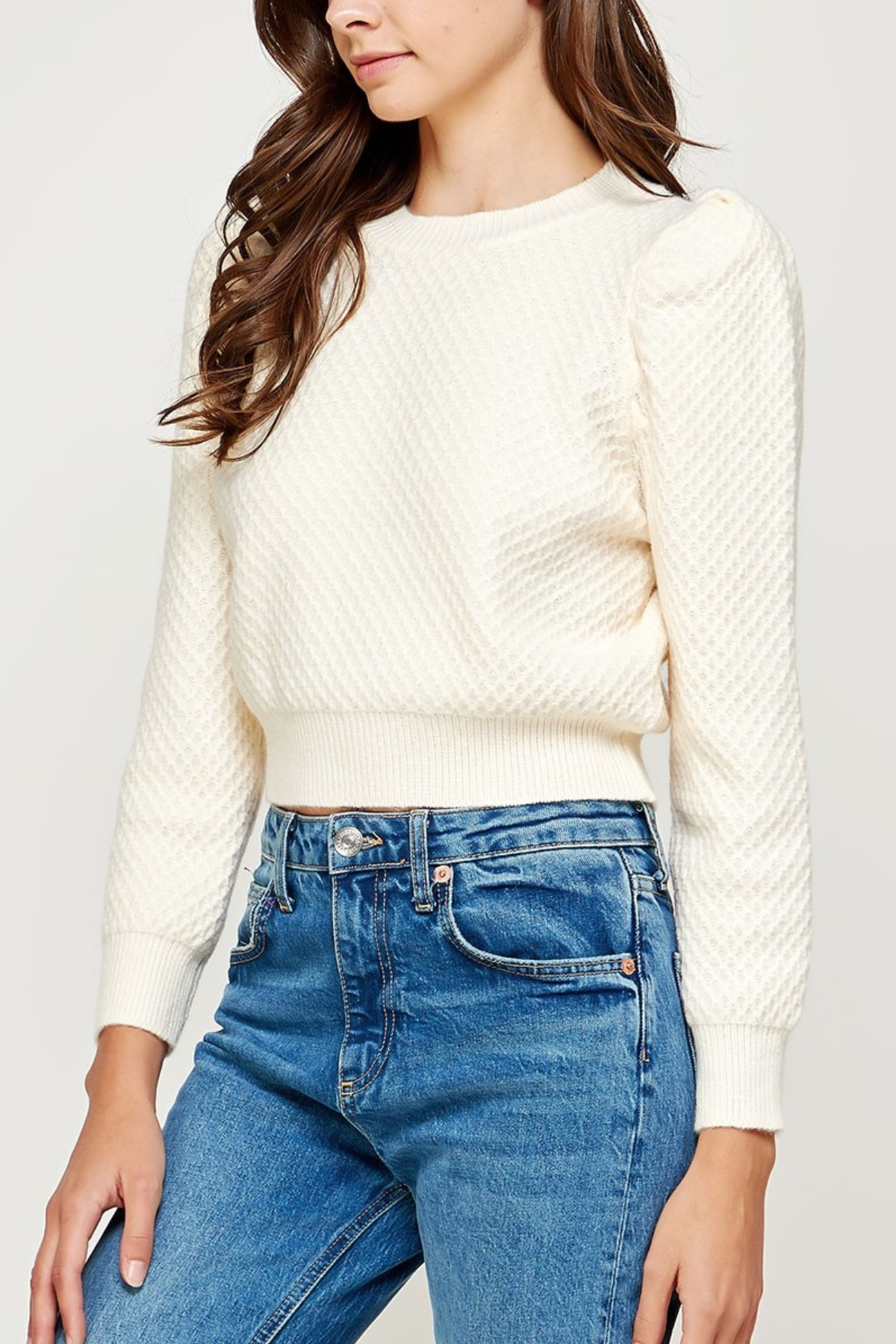 Puff Shoulder Textured Knit Sweater
