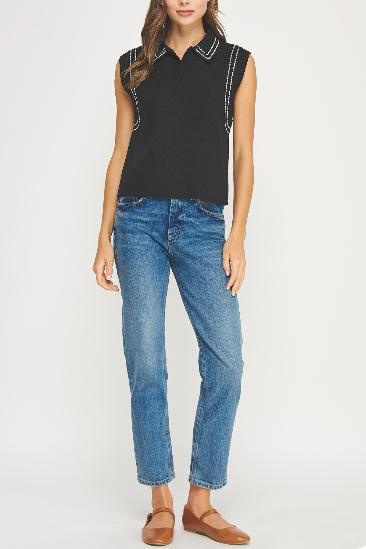 Thick Stitch Embroidery Knit Sleeveless Polo Top