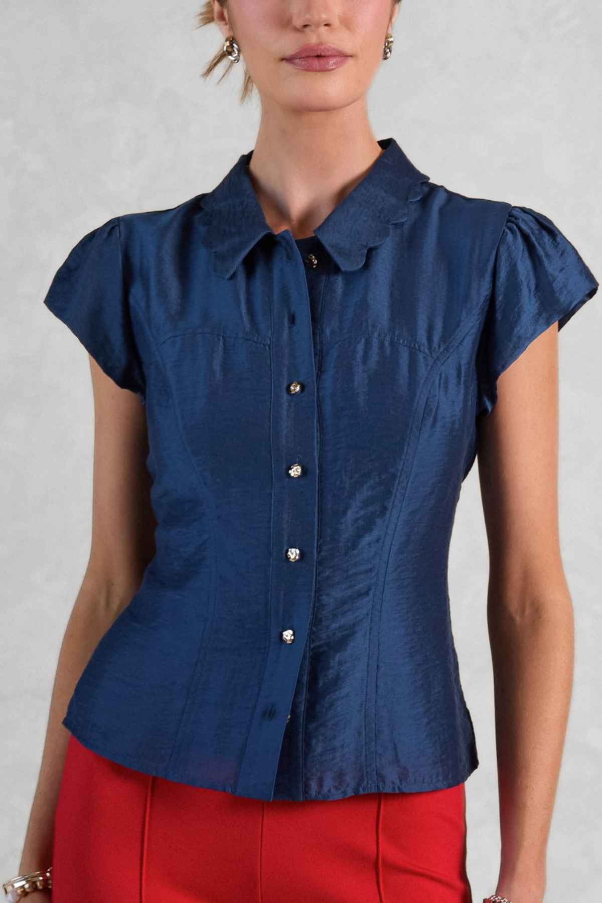 Scalloped Edge Collar Cap Sleeve Top