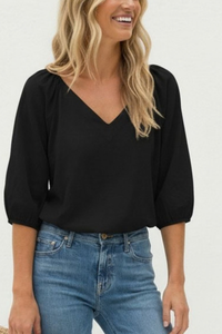 Elastic Puff Sleeve V-Neck Blouse