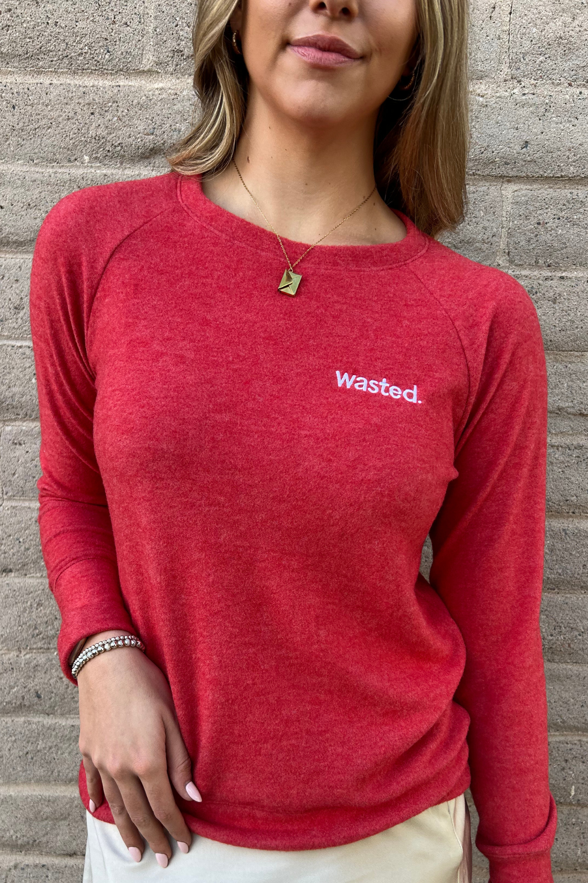 Embroidered Wasted Lightweight Brushed Fleece Pullover Sweater