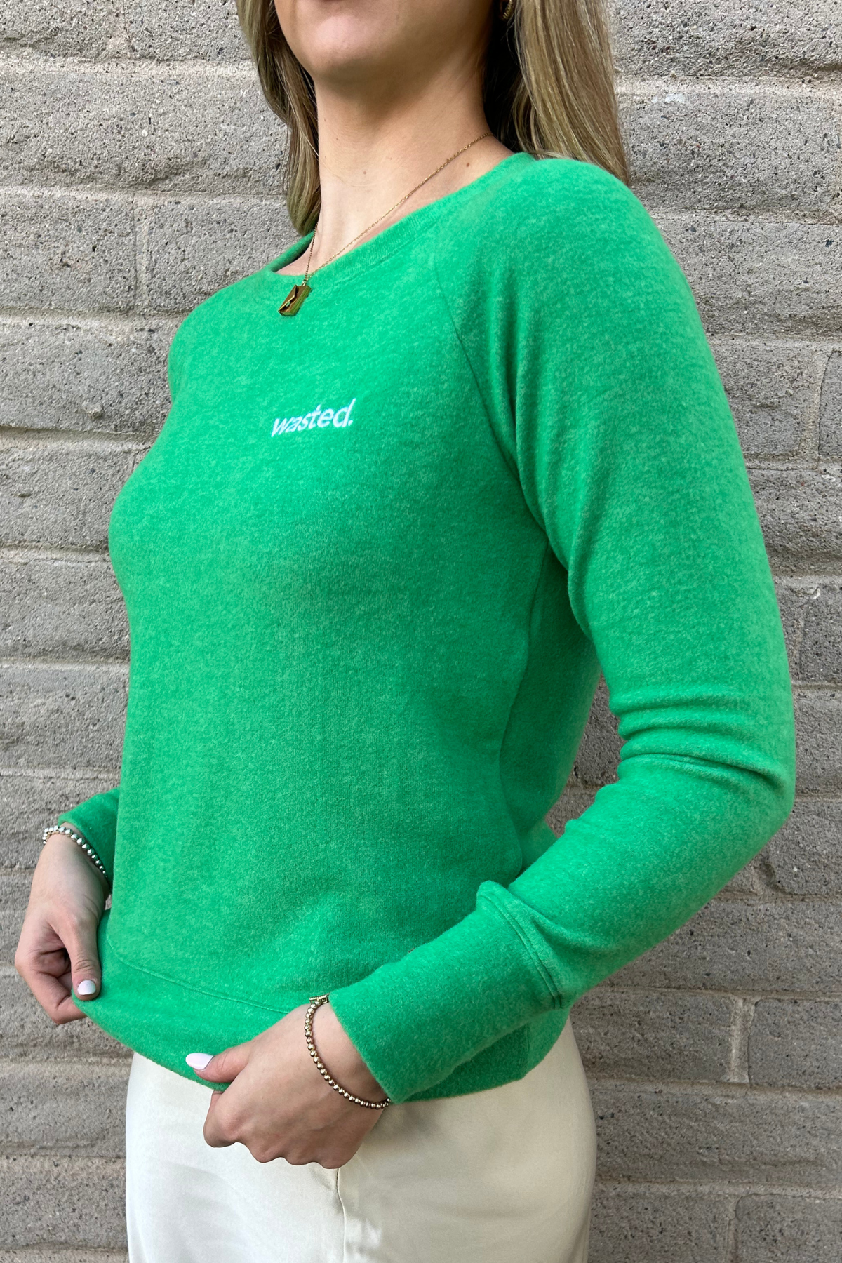 Embroidered Wasted Lightweight Brushed Fleece Pullover Sweater