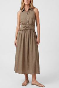 Double Buckle Linen Maxi Shirt Dress