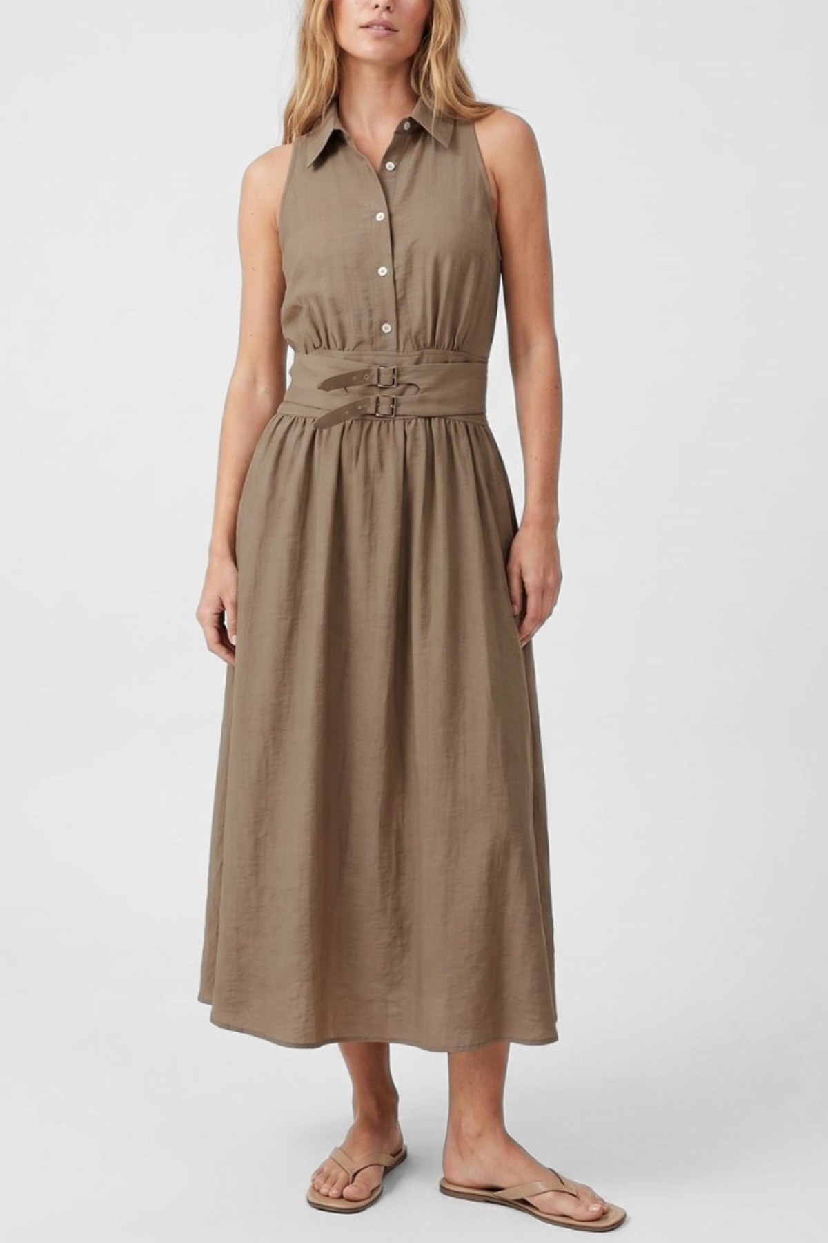 Double Buckle Linen Maxi Shirt Dress