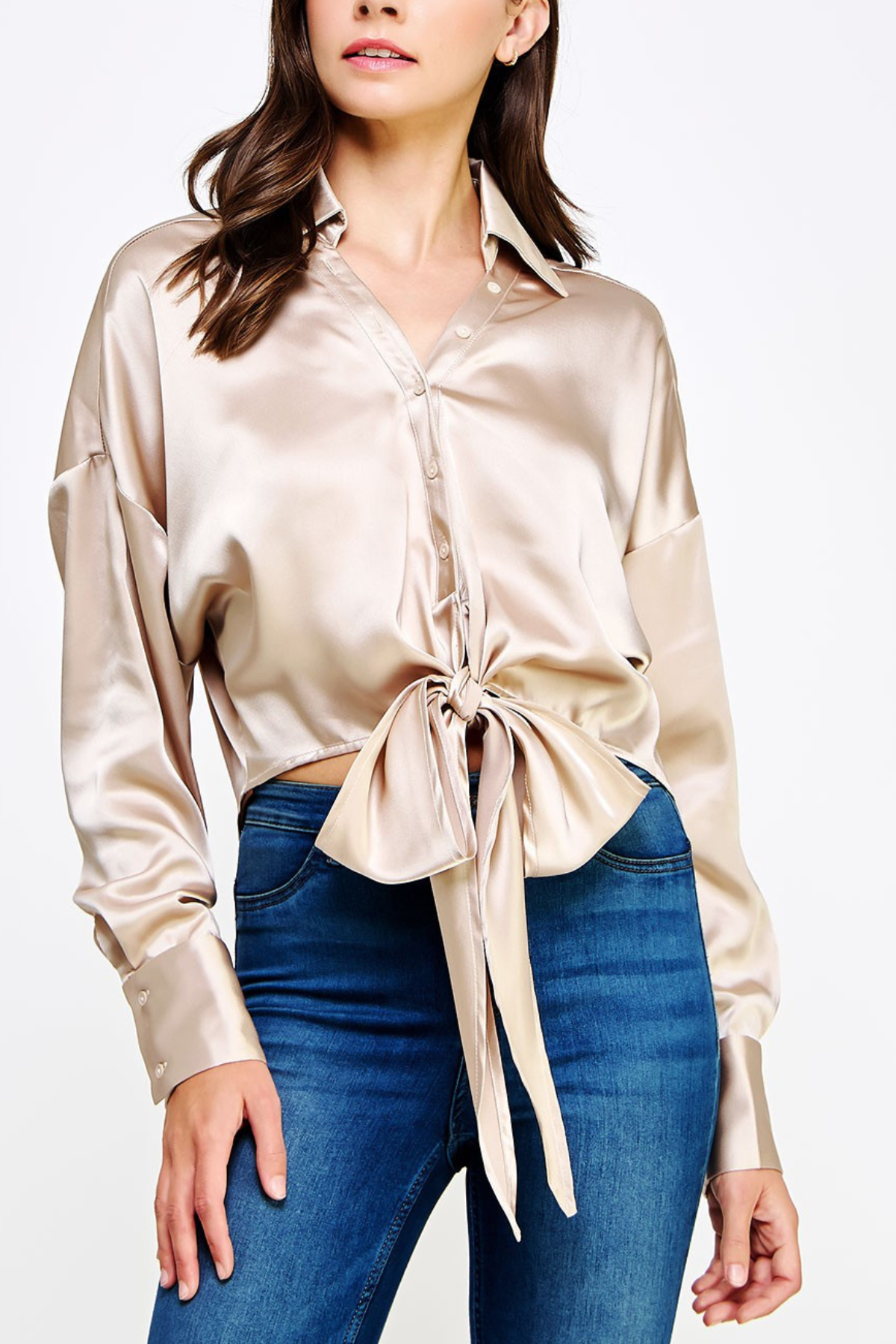 Button Down Waist Tie Satin Shirt Top