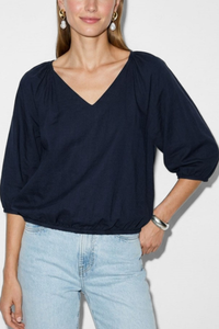 Elastic Puff Sleeve V-Neck Blouse