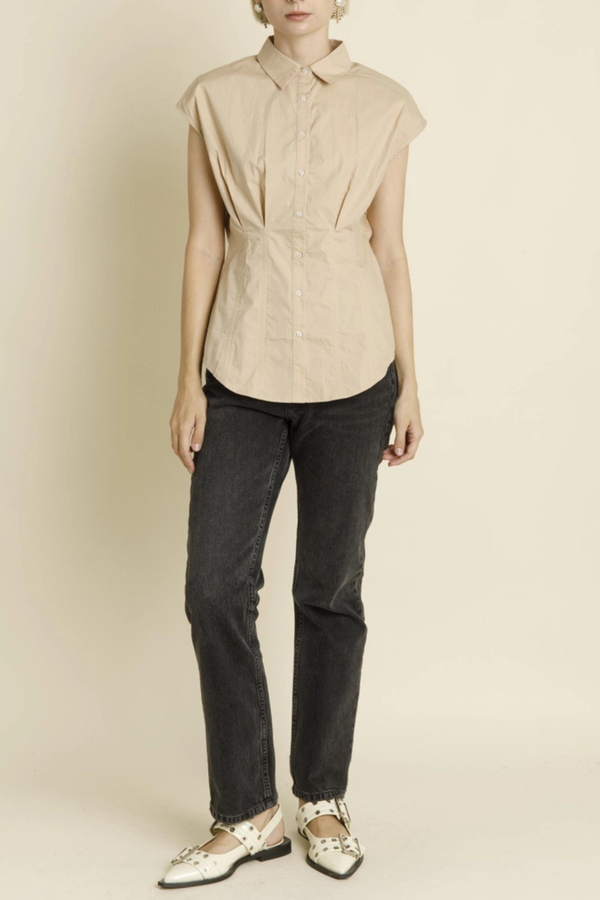 Pleated Cap Sleeve Blouse