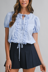Striped Puff Sleeve Ruffle Blouse