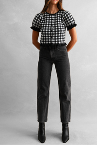 Gingham Plaid Puff Sleeve Knit Top