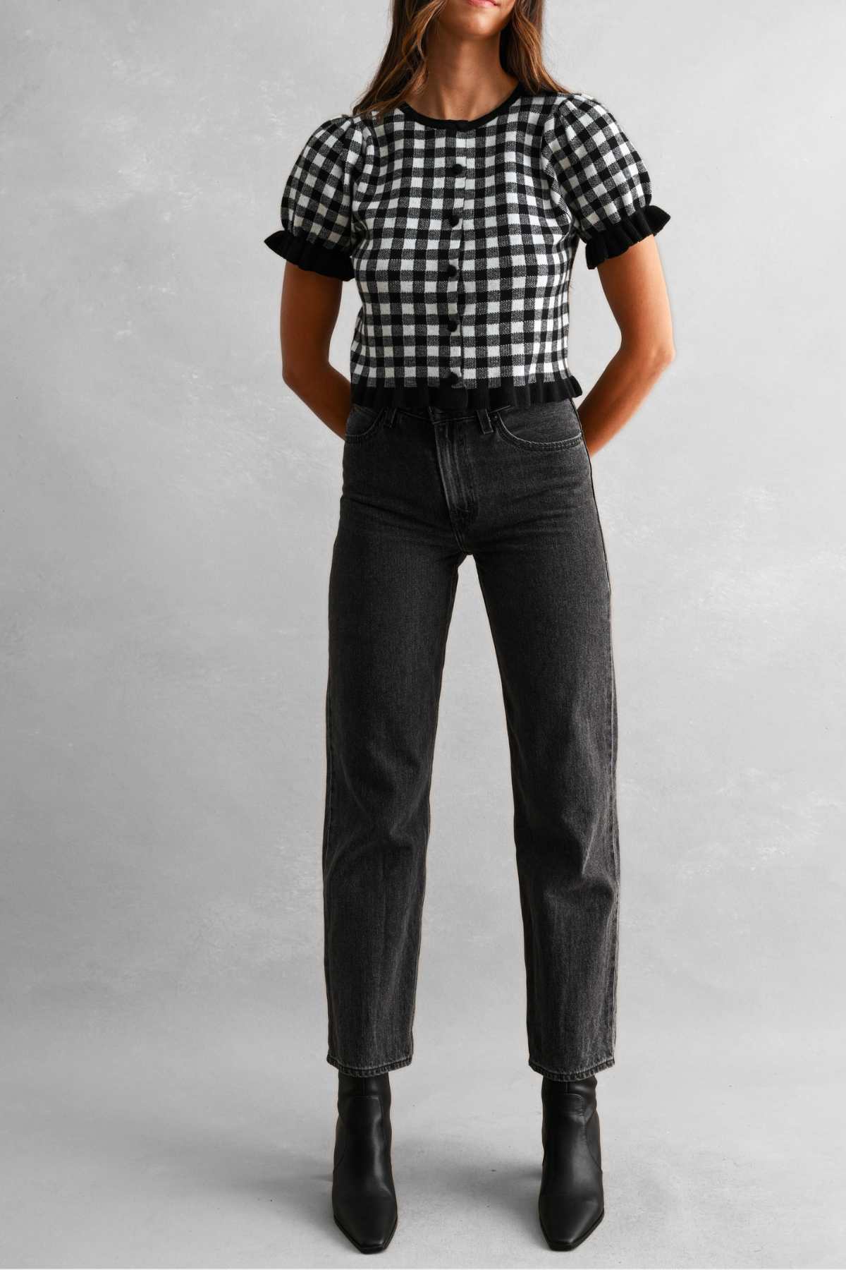 Gingham Plaid Puff Sleeve Knit Top