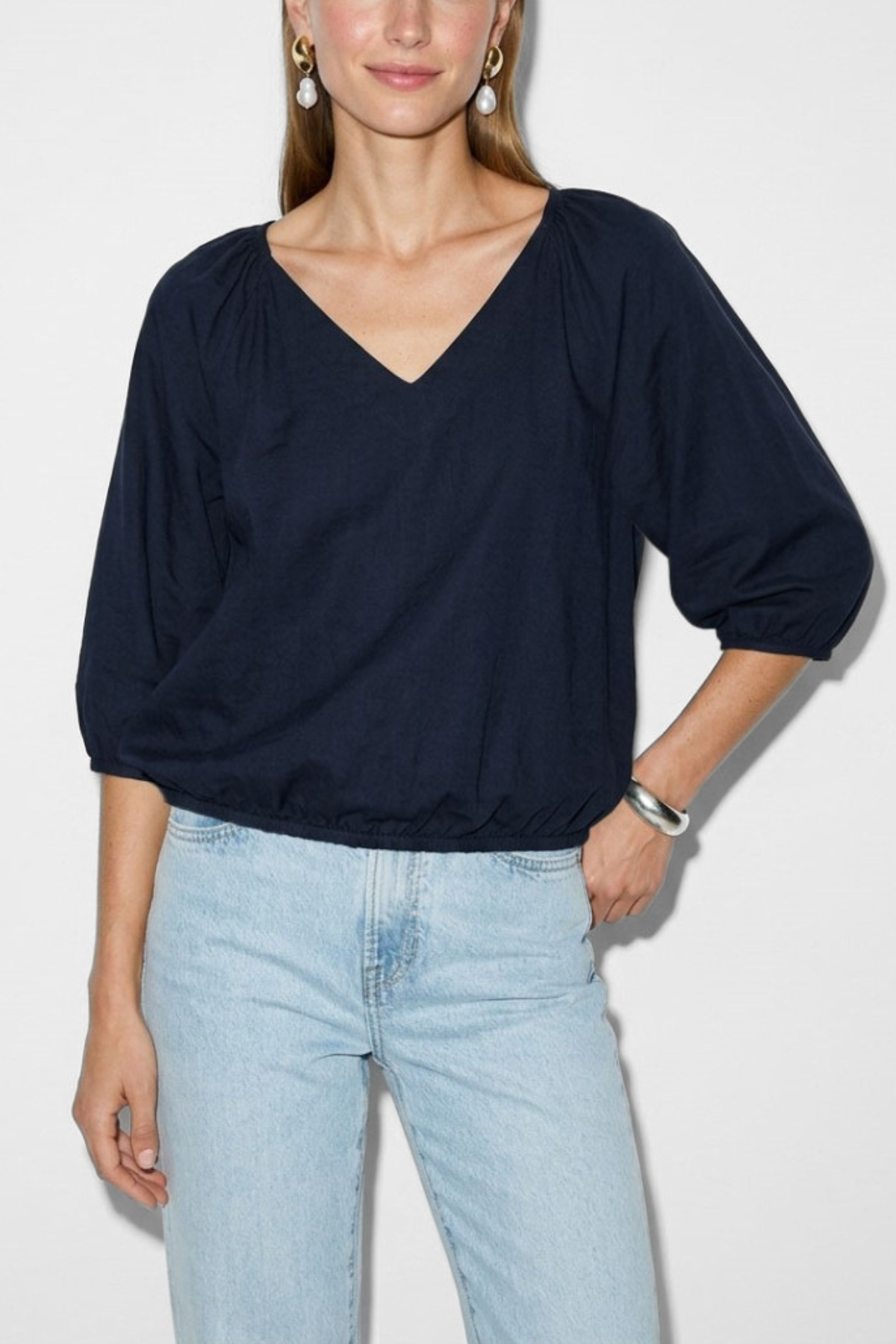 Elastic Puff Sleeve V-Neck Blouse