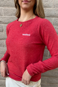 Embroidered Wasted Lightweight Brushed Fleece Pullover Sweater