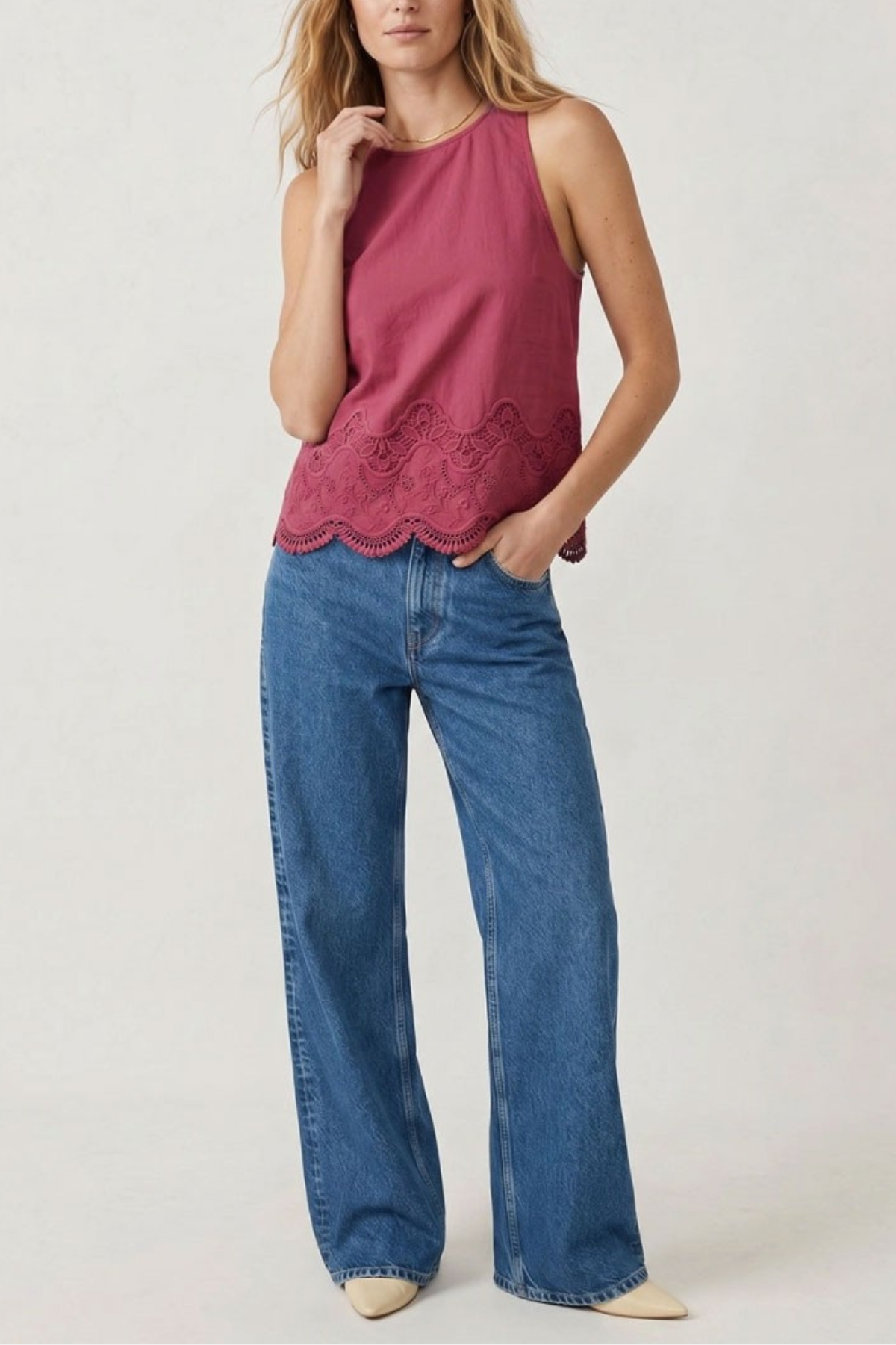 Embroidered Scallop Hem Cotton Tank