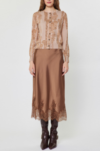 Lace Hem Satin Midi Skirt