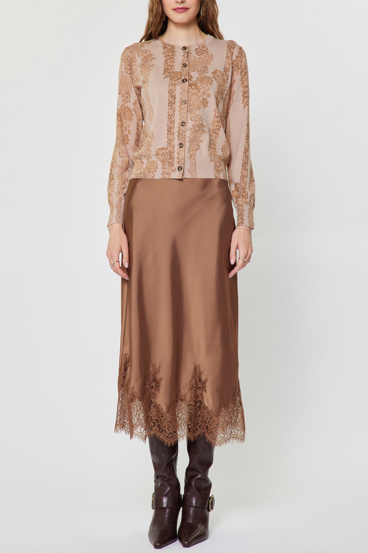 Lace Hem Satin Midi Skirt