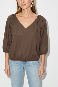 Elastic Puff Sleeve V-Neck Blouse