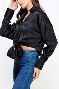 Button Down Waist Tie Satin Shirt Top