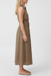 Double Buckle Linen Maxi Shirt Dress